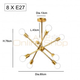 8 arm American style copper body LED Pendant light modern branch with E27 base 6W led lamp pure white 