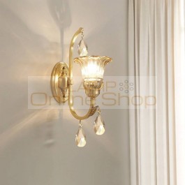 American Country Copper LED Crystal Wall Lamp for Living Room Bedroom Simple Bedside Decoration Golden Glass Wall Light Fixture