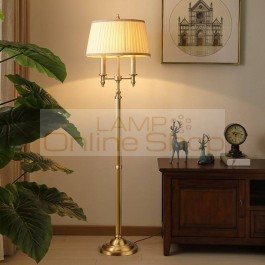 American Country LED Copper Household Study Floor Lamp Nordic Bedroom Bedside Home Deco Cloth Lampshade LED Floor Light Fixtures