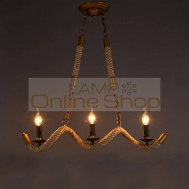 American rustic Hemp Rope Creative pendant lamps 3 heads E14 candle shape vintage hemp rope iron chain hanging lights for cafe