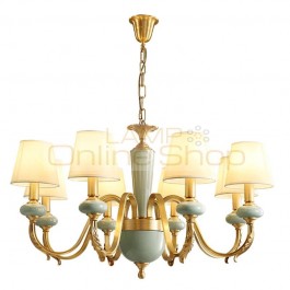 American sytle all copper LED chandelier light vintage ceramic brass light fabric shade 3W warm white E14 led bulb