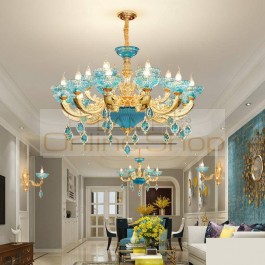 Blue K9 Crystal Chandelier Lustre Murano Glass Chandelier Lustres LED Chandeliers French romantic bedroom hanging lamps