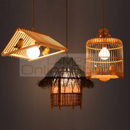 Japan Wood LED Pendant Lights Restaurant Cafe Weaving Antique Bird Cage Pendant Lamps Kitchen Fixtures Hanging Lamps 