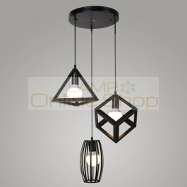 Vintage retro metal cage pendant lights 3 heads E27 black wrought iron cube/triangle shape lampshade hanging lighting fixture