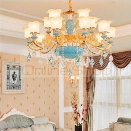 Wedding Decoration Ceramics lamp led chandelier crystal droplight for living room Modern blue E14 bedroom Chandelier led lustres