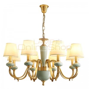 American sytle all copper LED chandelier light vintage ceramic brass light fabric shade 3W warm white E14 led bulb