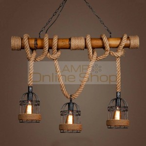 Countryside Vintage Pendant Light loft Hemp Rope Bamboo Iron Cage hanging lamp Hand Knitted Lighting Fixture for Restaurant bar