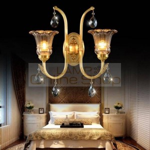 European Luxurious Copper Crystal Living Room LED Wall Lamp Simple Modern Bed Room Study Glass Home Decor Light Fixtures