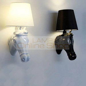 Modern wall lamps Resin gypsum horse head cloth lampshade Creative wall sconce lighting bedroom study room cafe light fixture