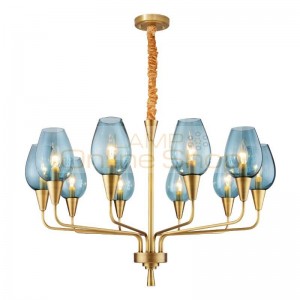 Nordic Full copper Living room Pendant lights Post Modern Simple Bedroom Blue glass lampshade American style Light luxury lamp