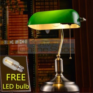 Vintage H35cm Free LED Bulb Green Glass Shade table lamp light bronze desk lamp for Loft bedside study room meeting room