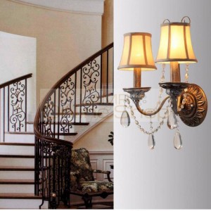 Bronzed Wrought Iron Wall Lamp sconce for Balcony Dining room Hallway Bedroom antique 2-arm Crystal Wall candle Light with shade