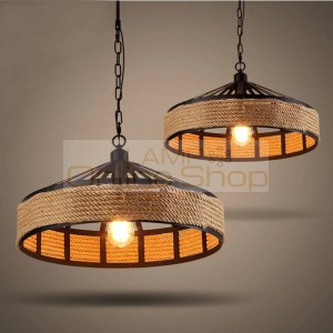 Countryside hemp Rope Pendant Lights dia 30cm 40cm wrought iron cage Vintage hanging lamp for restaurant cafe bar light fixture