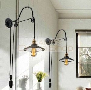 Creative Retractable pully wall lights black metal lampshade with Mirror industrial wall sconces for restaurant cafe bar bedroom