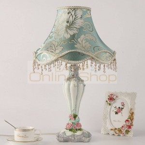 Europe style luxury table lamp light blue cloth lampshade white Resin bracket country table light bedroom bedside reading lamp