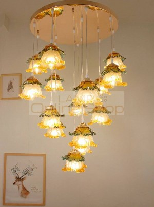 European Living Room Restaurant Glass Chandelier Modern Led Chandeliers Simple Staircase Lights Pastoral Cabbage Lamps Lighting