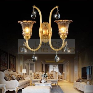 European Luxurious Copper Crystal Living Room LED Wall Lamp Simple Modern Bed Room Study Glass Home Decor Light Fixtures