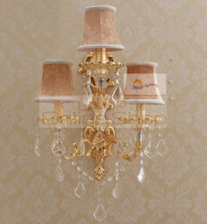 home 3 lights gold decorative wall lamp Sconce large led indoor wall light + fabric shade + crystal bedroom mirror light abajur