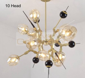 Modern creative Chandelier light 10 head Black Gold aluminum body Nordic amber glass shade E27 bulb Light home art decoration
