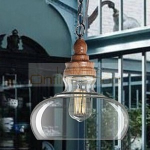 Modern dining room pendant lights Clear Glass shade wood grain lamp holder retro industrial lighting hanging lamp for restaurant