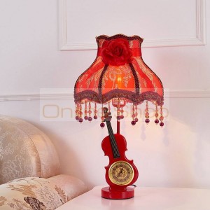 Modern red violin princess desk lamp fabric lampahade European style wedding clock table lamp for bedroom bedside table lights