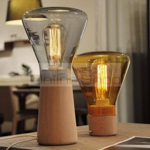 Nordic glass wood table lamp modern amber gray glass shade wood base creative study desk lamp edison bulb bedroom bedside lamp