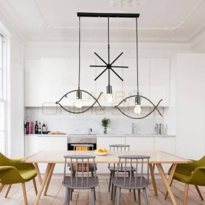 Nordic Vintage black iron art Lamps Bar Creative Decoration Background LED Pendant Lights Dining Room Three Small Fish Lamp