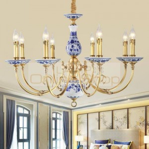 Royal Blue & White Porcelain ceramics Chandelier suspension lighting Luminaire for penthouse Living Room Collectibles Lampadario