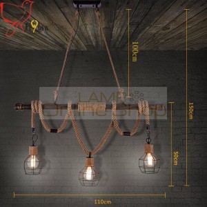 Rustic Water Pipe pendant Lamp,3 heads Vintage hemp rope iron cage hanging light,for restaurant Cafe Industrial Lighting