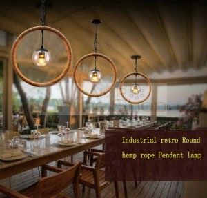Vintage Circle Hemp Rope Iron Pendant Lights American Country Cafe Restaurant Bar industrial pendant lamp with Led 6w bulb
