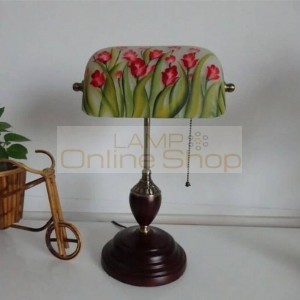 Vintage Painted flower glass table lamp for bedroom bedside lighting Solid wood Bracket European classical retro work desk lamp